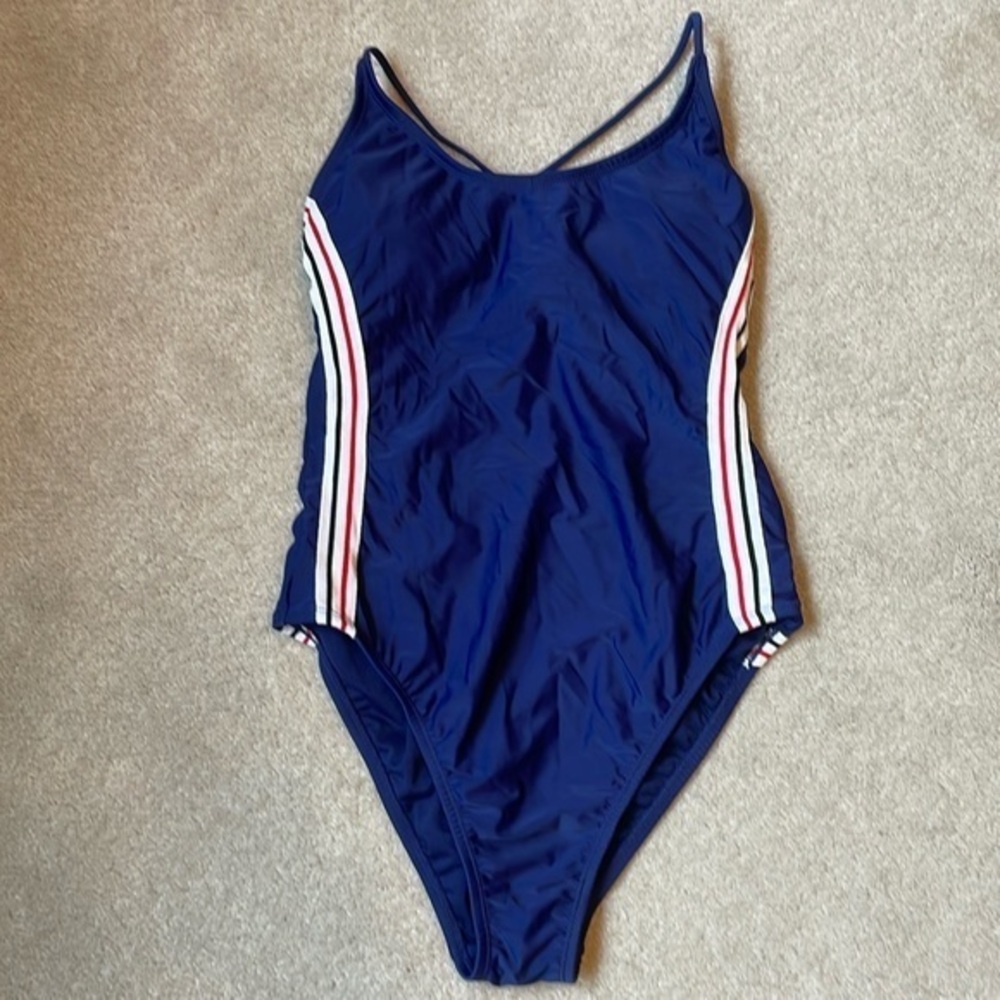 Navy blue one piece swimsuit with knit stripes-cream, black, red side stripes